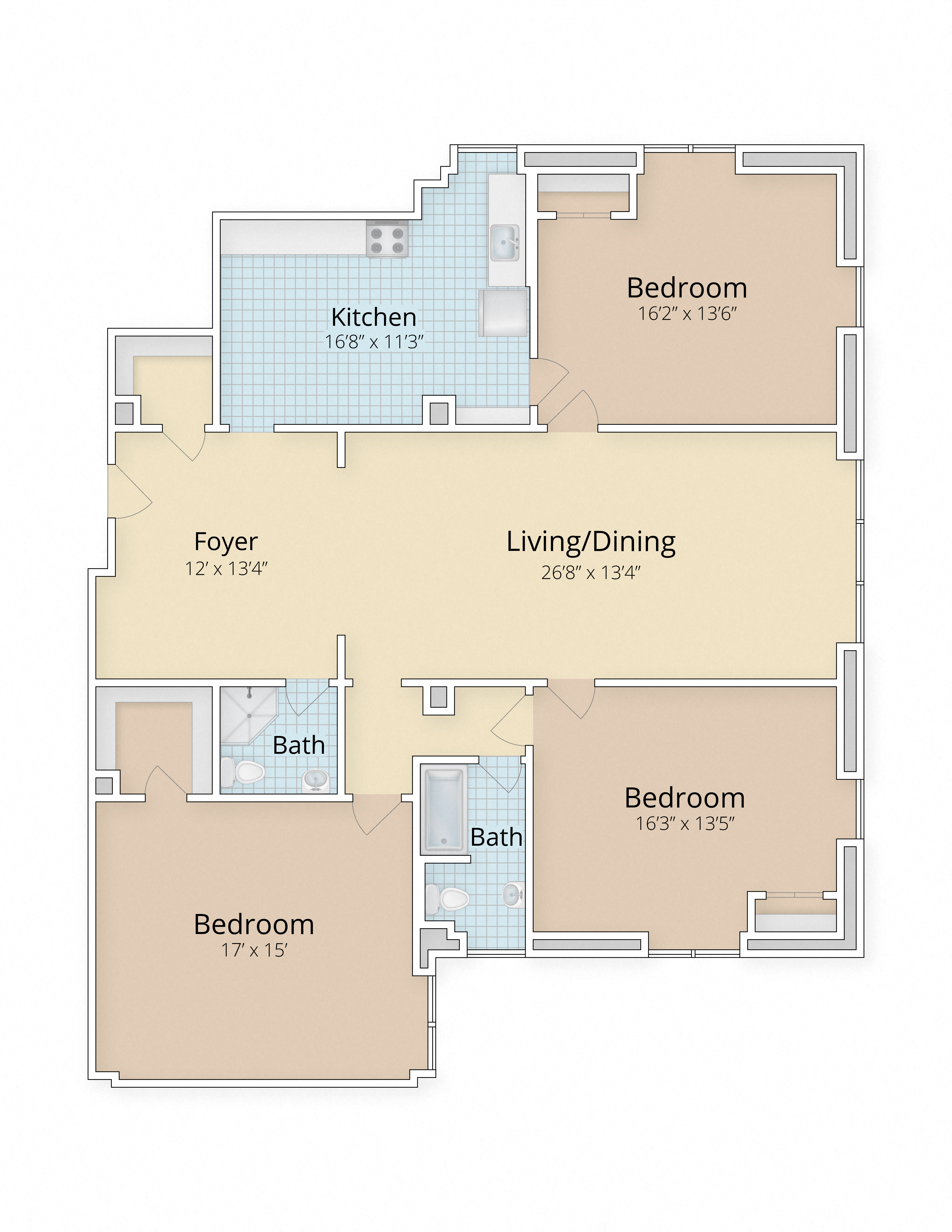 Floor plan for 3 beds, 2 baths, 1840 sqft